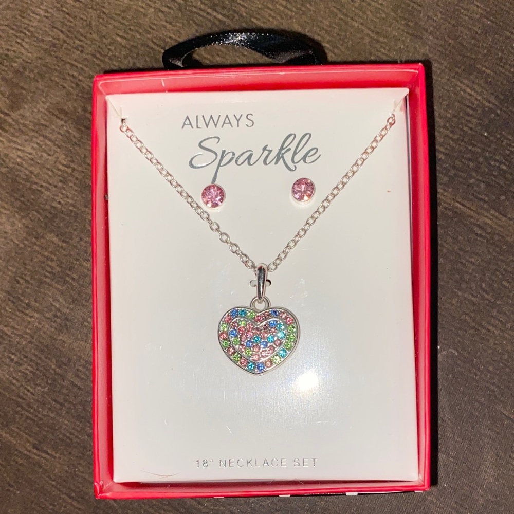 Always Silver Heart Necklace & Earrings Set Cotton Candy Colors